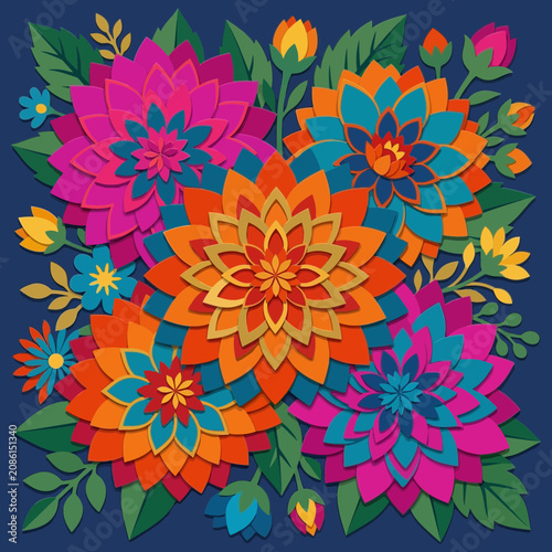 Vibrant floral mosaic art, warm colors, dark blue background, decorative natural elements