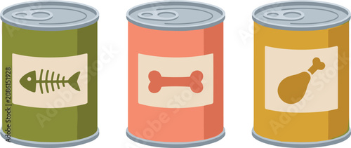 Pet canned food collection featuring fish bone and meat labeled tins for cat and dog nutrition vector illustration set