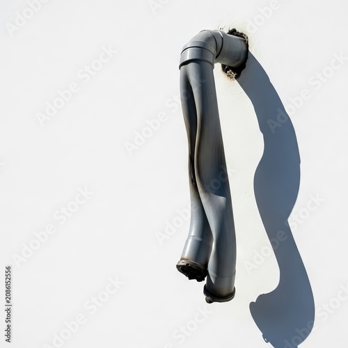 A gray PVC electrical conduit pipe is severely bent and deformed from intense outdoor heat, sagging along a white exterior wall in sun, building, component, industrial