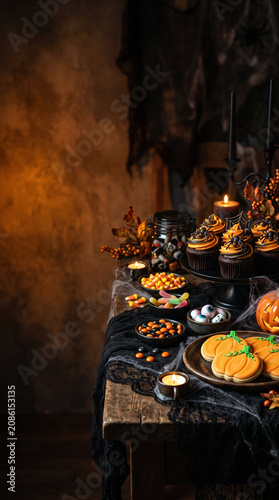 Halloween treats and decorations on a rustic wooden table with candles