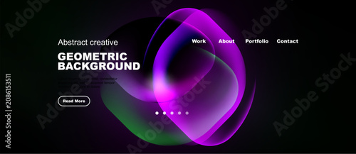 Dark background features vibrant, overlapping shapes. Text elements include geometric background, navigation options, plus call to action.