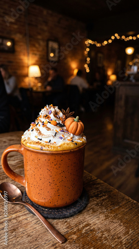 Pumpkin Spice Latte with Whipped Cream and Halloween Sprinkles in Cozy Cafe
