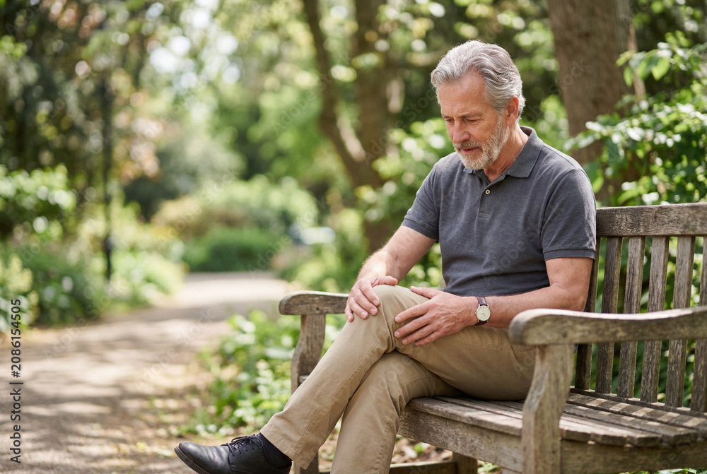 Fototapeta premium Mature man sitting on park bench while touching painful knee