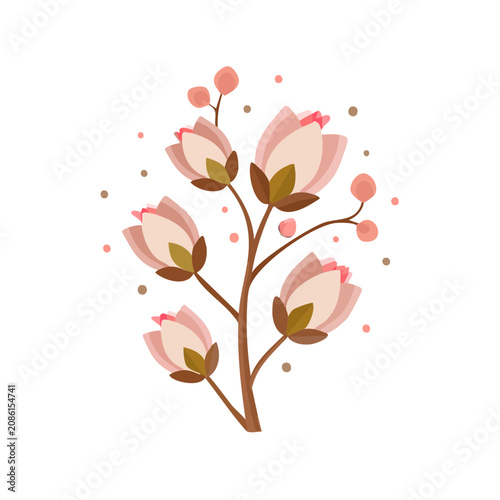Pink Magnolia Branch with Buds and Flowers Vector Illustration