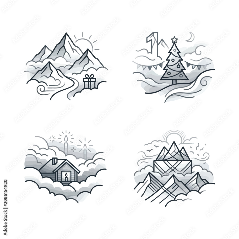 Obraz premium Winter Holiday Mountain Scenes Vector Icons Set
