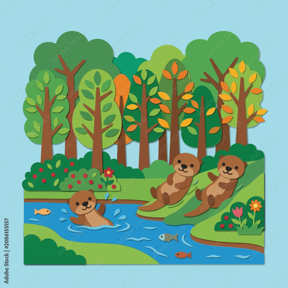 Obraz premium Cute Otters Playful River Wooded Scene