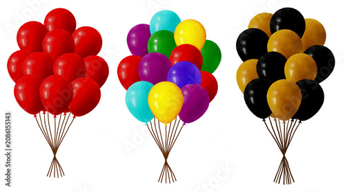 Balloon Bouquet Clipart Set Isolated on Transparent Background, Red, Multicolor, and Black Gold Party Balloons for Birthday, Celebration and Event Decorations