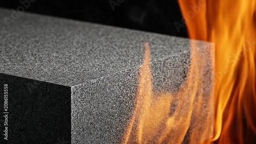 A dark gray textured block is engulfed in bright orange flames