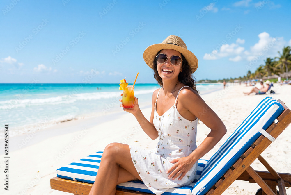 Obraz premium Smiling woman in straw hat and sunglasses with cocktail on beach chair