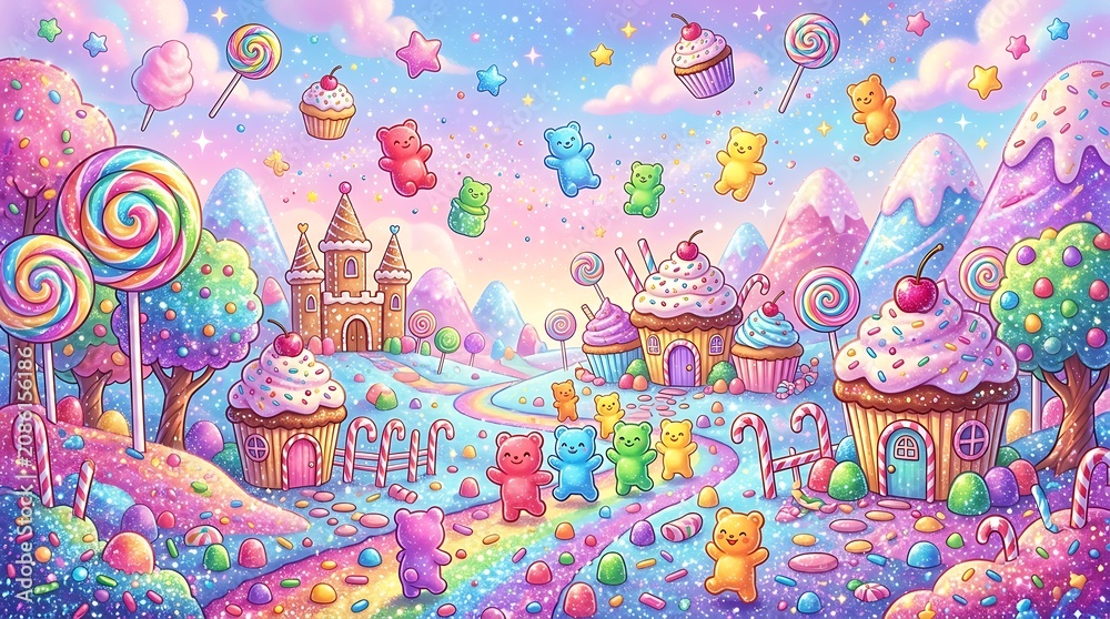 Obraz premium A vibrant fantasy landscape with candy treats, colorful buildings and sweets floating in the air at a lively festival.