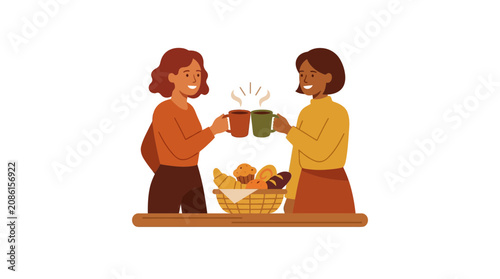 Two Friends Clinking Coffee Mugs with Bread Basket Illustration