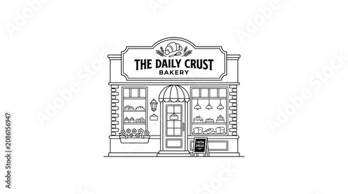 The Daily Crust Bakery Storefront Line Art Illustration