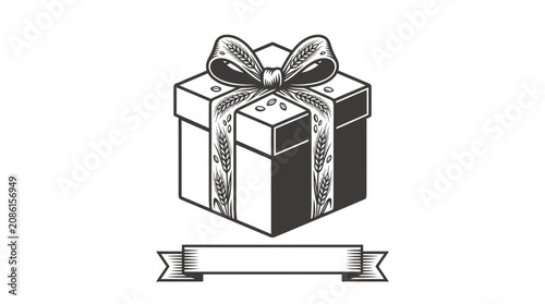 Vintage Gift Box Illustration with Wheat Pattern and Ribbon