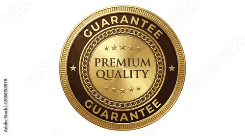 Shiny metallic gold circular badge featuring premium quality guarantee text and five small engraved stars