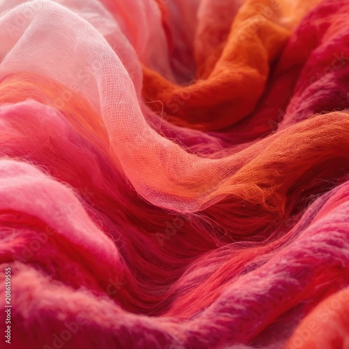 Close-up abstract of flowing, layered fabric in warm sunset colors.