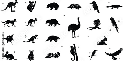 Konstfotografi Australian wildlife and native animal silhouette icon set featuring kangaroo koa