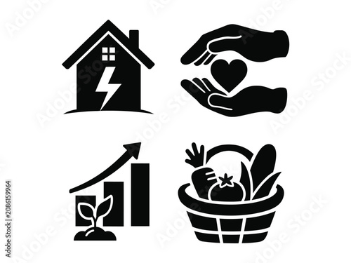 Foto Set of black vector icons representing sustainable energy social care community