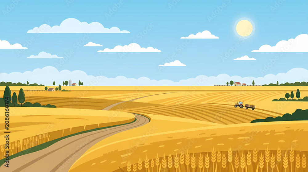 Fototapeta premium Golden wheat field landscape with rolling hills, a winding road and a tractor under a sunny sky