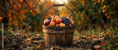 Autumn harvest basket with apples grapes and pumpkin in a garden