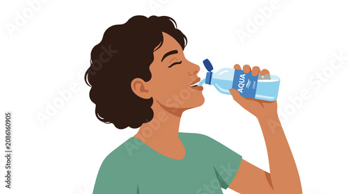Foto Hydrated Serenity: A young woman enjoys a refreshing drink from a clear water bottle, her eyes closed in contentment, embodying a moment of peaceful hydration