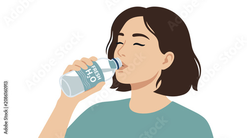 Canvas Print Hydration Moment: A young woman pauses for a refreshing drink of water from a clear plastic bottle, embodying a healthy lifestyle and moment of personal care