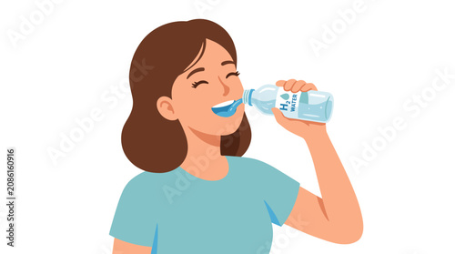 Vászonkép Hydration Moment: A young woman enjoys a refreshing drink of water from a clear plastic bottle, her eyes closed in contentment