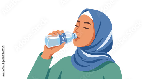 Fotografie Refreshing Hydration: A young Muslim woman wearing a blue hijab takes a refreshing drink from a plastic bottle of water, her eyes closed in satisfaction