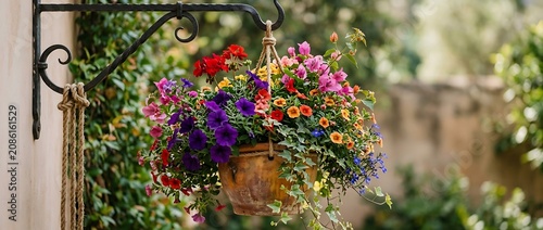 Colorful Hanging Flower Basket in a Rustic Clay Pot on a Garden Wall