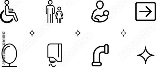 Εκτύπωση καμβά Public restroom and amenity line art vector icon set featuring wheelchair access