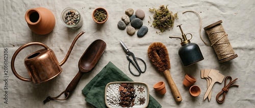 Flat lay of rustic gardening tools and plant care supplies on linen