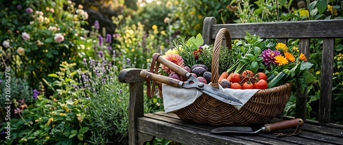 Freshly Harvested Garden Vegetables and Flowers in a Wicker Basket on a Wooden Bench