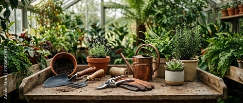 Gardening tools and potted plants on a rustic wooden bench in a lush greenhouse