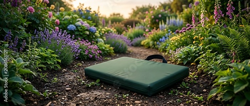 Green gardening kneeling pad in a colorful blooming flower garden
