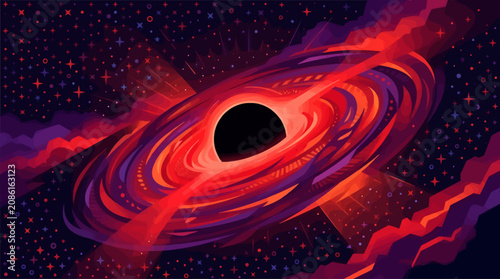 Schilderij op canvas Black Hole with Glowing Scarlet Accretion Disk in Deep Space, Flat Vector Illust