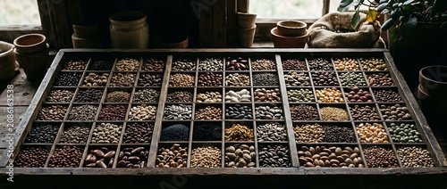 Large wooden tray with a diverse collection of heirloom seeds and legumes