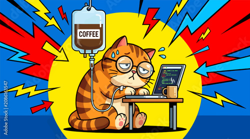 Принти на полотні Cute Tabby Cat with Round Glasses Stressed and Lethargic While Typing on Laptop,