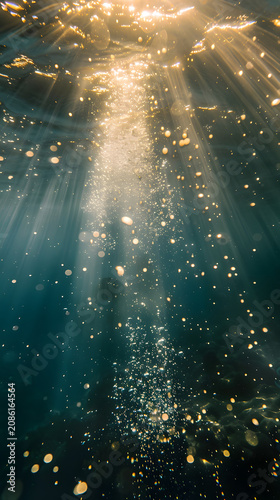 Underwater big bubbles rising toward sunray exposure  hindia ocean