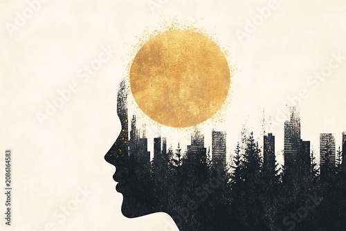 Silhouette of a person's head with a sun and cityscape in the background