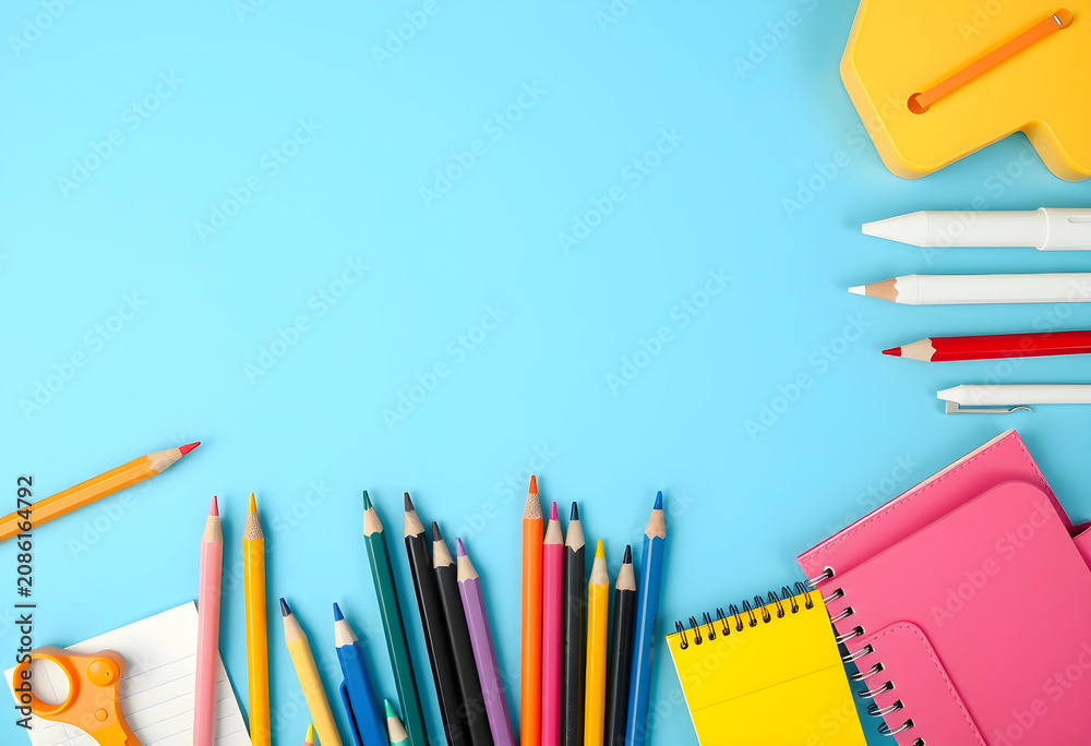 Fototapeta premium Flat lay of colorful school stationery on blue background
