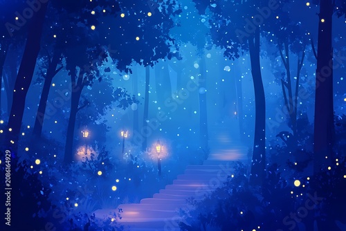 Enchanted forest path at night
