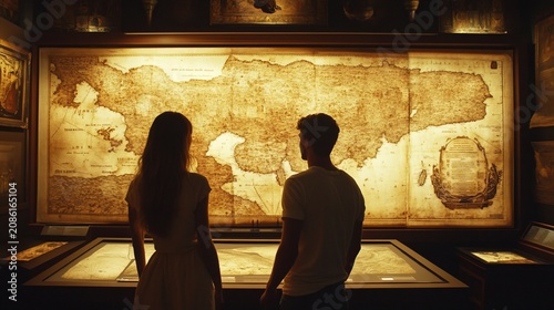 Couple admires an ancient map in a museum, exploring history and cartography, creating a sense of wonder and discovery together
