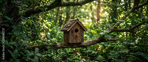 Rustic wooden birdhouse hanging on a tree branch in a lush green forest