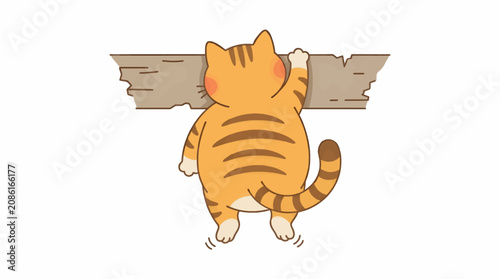 Foto Cute Orange Tabby Cat Dangling Precariously from a Ledge, Flat Design Illustrati