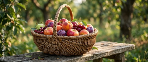 Wicker basket filled with fresh ripe fruits in a sunny orchard garden