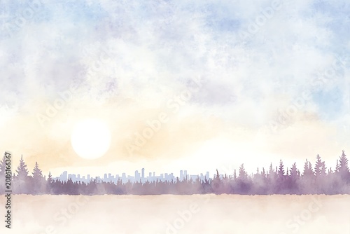 Serene winter sunset over snowy forest