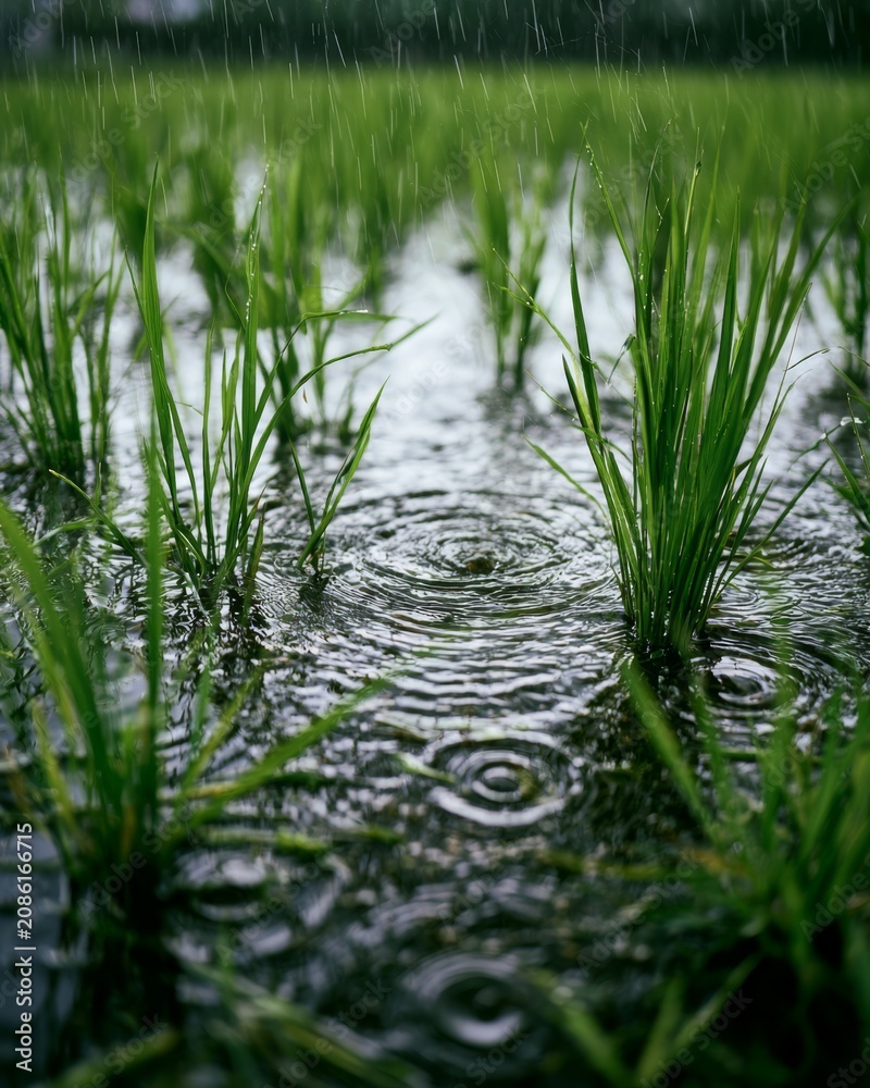 Obraz premium Rain ripple across rice field water surface