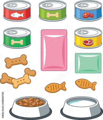 Pet food and feeding collection featuring canned food treats fish snacks pouches and pet bowls for cats and dogs vector set