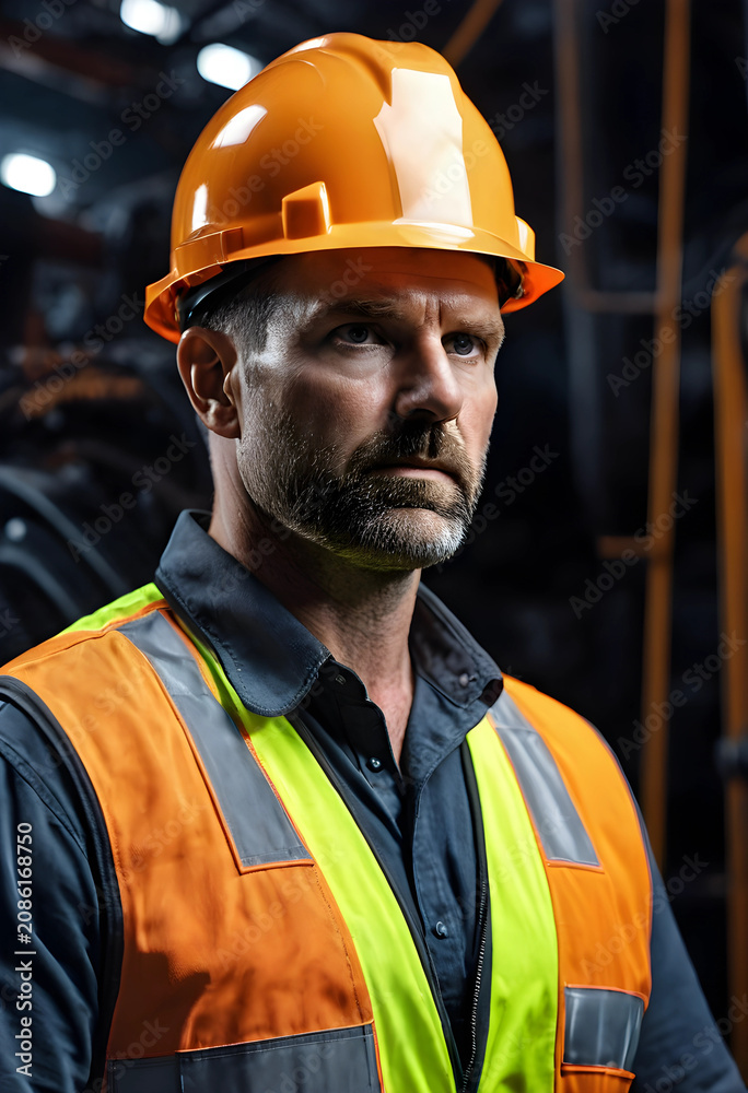 Fototapeta premium Focused male miner wearing safety gear indoors