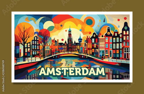 Colorful abstract geometric pop art Amsterdam Netherlands skyline poster, retro vintage canal cityscape vector illustration, vibrant European travel landmark background for modern wall art print.