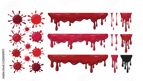 Fotografie Red liquid dripping and splash vector element collection